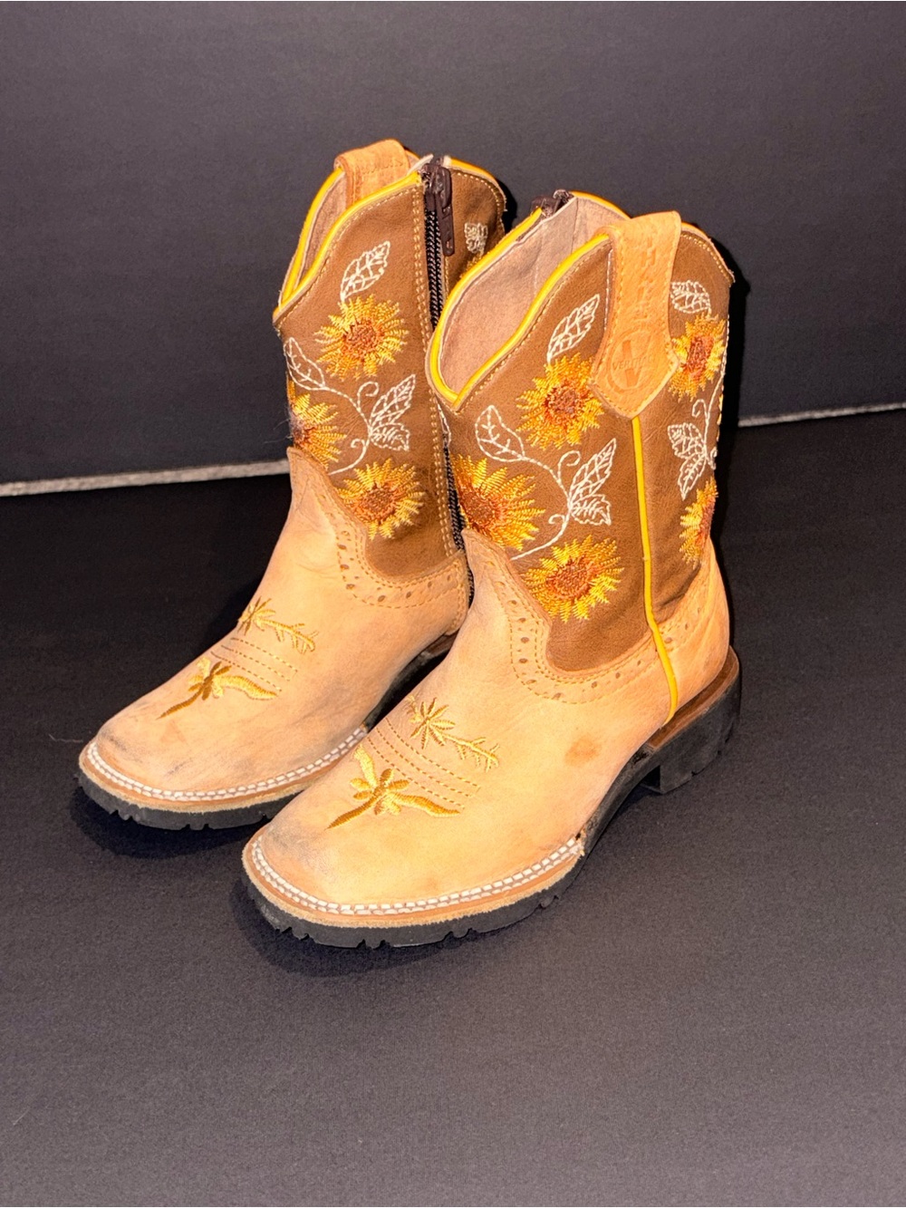 Kids Tan Sunflower Embroidered Western Boots